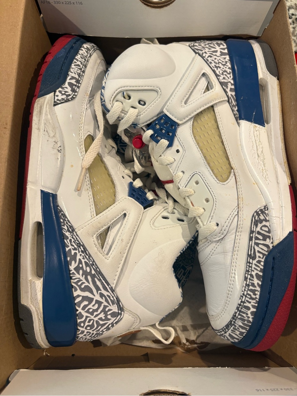 Jordan White, Blue & Red Retro Basketball Sneakers
